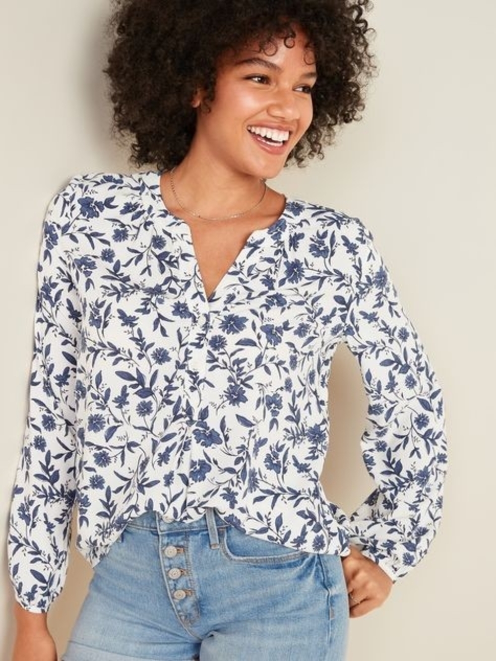 Women's Navy Floral Split-Neck Blouse